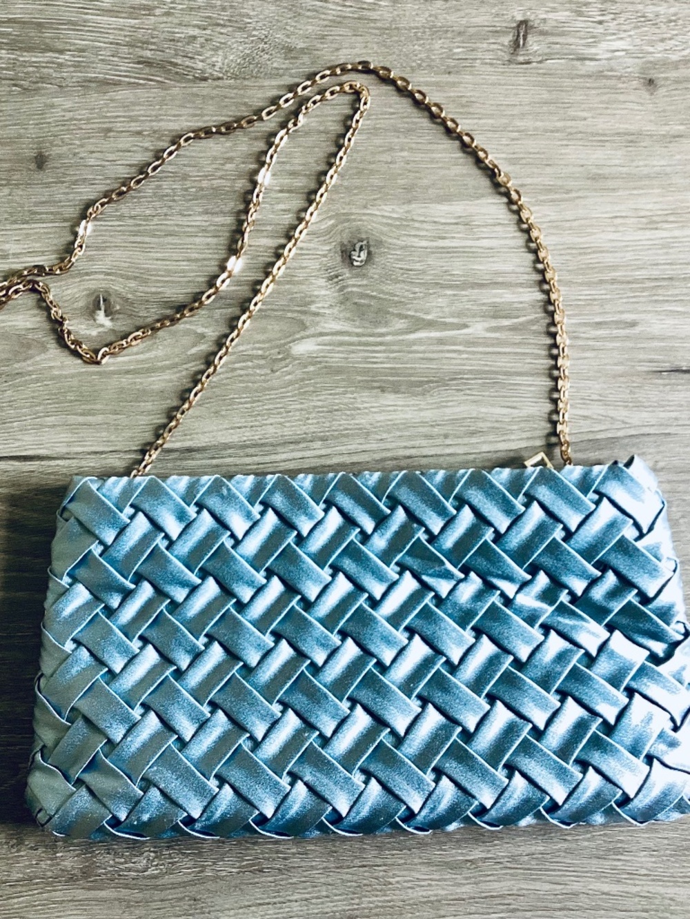 Anthropologie Woven Satin clutch Powder Blue chain strap Zip evening party prom